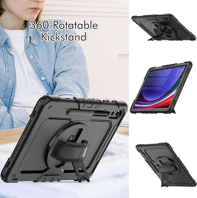 Case for Samsung Galaxy Tab S10 Ultra / S9 Ultra / S8 Ultra Case 14.6 inch with Screen Protector Hand Strap Shoulder Strap Rotating Stand and Pen Holder Black