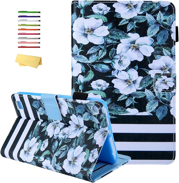 All-New 7 Amazon Kindle Fire 7 Tablet Case (9th/7th/5th Generation 2019/2017/2015)Smart Stand PU Leather Magnetic Cover with Card Pocket Stylus Pencil Holder [Auto Sleep/Wake] Pear Flower