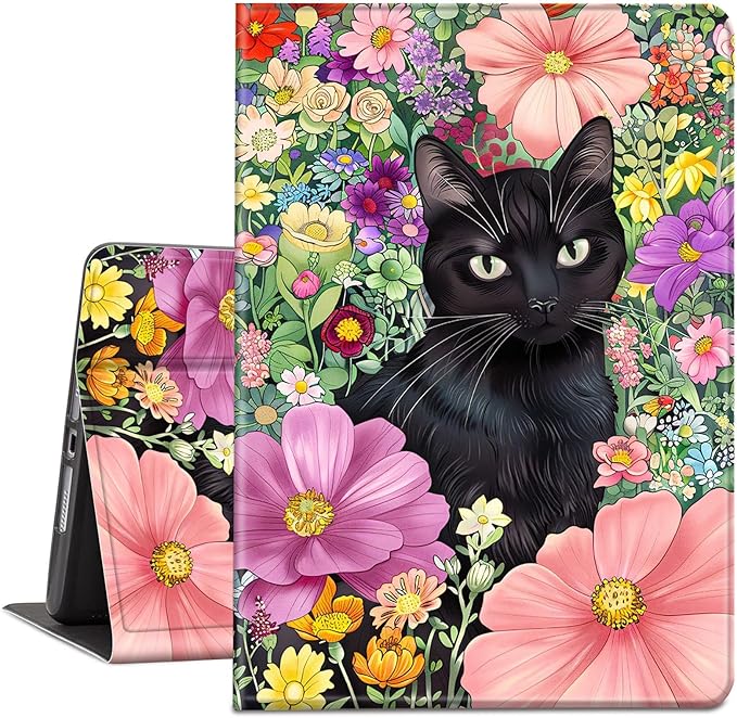 Case for Kindle Paperwhite 12th Generation 7 &amp Kindle ColorSoft Signature Edition PU Leather Protective Cover with Auto Sleep/Wake for Kindle Paperwhite 2024 – Black Cat in The Flowers