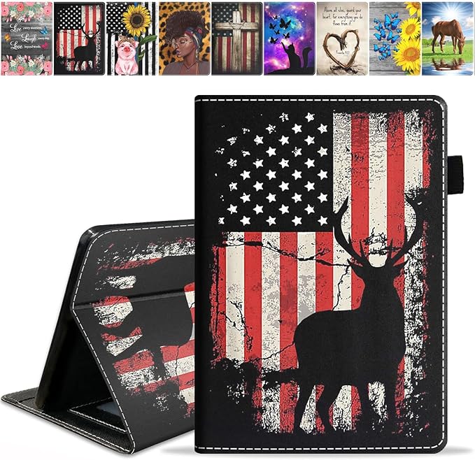 Case for Amazon Kindle Fire HD 10 Tablet 10.1 (9th/7th Generation 2019/2017 Release) Premium PU Leather Stand Cover with Smart Auto Wake American Flag Deer