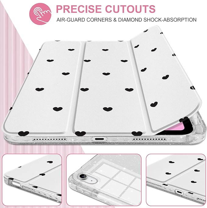 MEEgoodo Case for iPad A16 11th Generation 2025/10th Generation 2022 Glitter Tablet Cases with Transparent Acrylic Back+Trifold Stand +Pencil Holder+Auto Wake/SleepBlack Hearts