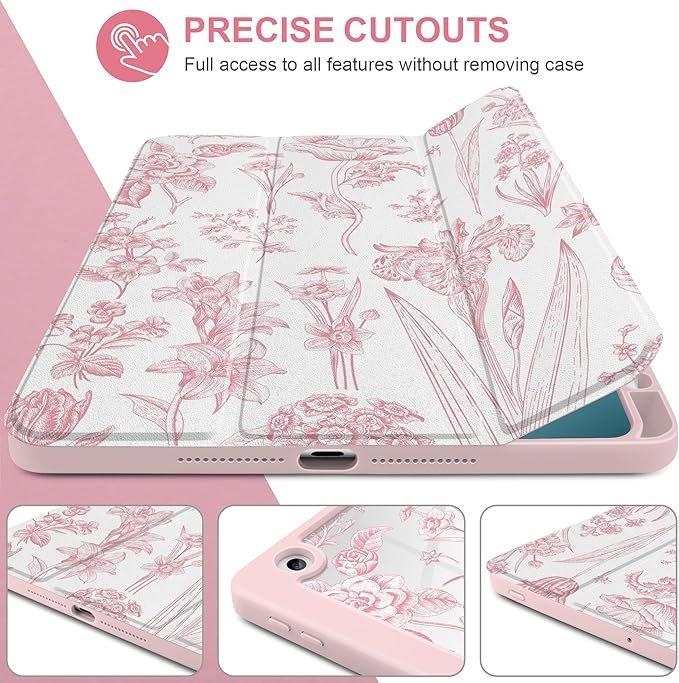 DONGKE for iPad 9th/8th/7th Generation Case 10.2 Inch (2021/2020/2019) [Auto Sleep/Wake &amp Pencil Holder] Clear Acrylic Back Trifold Stand Cover Pink Florals