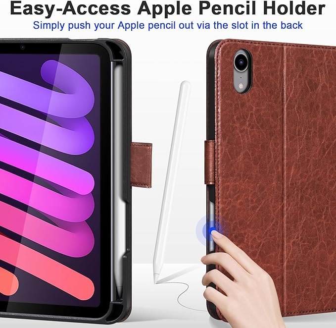 Genuine Leather Case for iPad mini 7th/6th Gen 8.3 inch Premium Folio Cover with Apple Pencil Holder Auto Wake/Sleep Adjustable Stand &amp Magnetic Closure Red Brown