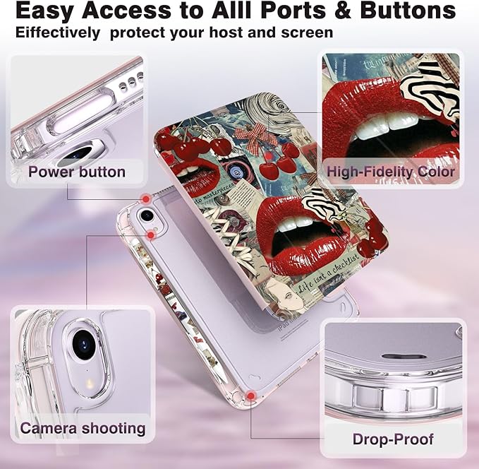 Y2K Retro Red Lips Cherry Design Case for iPad mini 6/7 (8.3) Cover with Pencil Holder DIY Stickers Tri-Fold Stand Auto Wake/Sleep for Girls