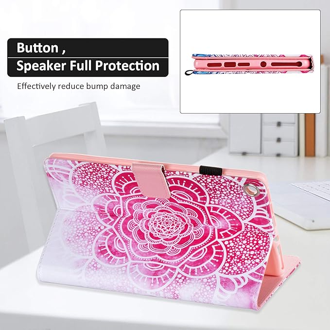Dteck for Fire HD 8 (8th/7th/6th Generation) Smart Folio Case 2018/2017/2016 Release (8) with Auto Sleep Wake/Stand/Card Slots/Stylus PU Leather Protective Cute Slim Magnetic Cover Pink Mandala