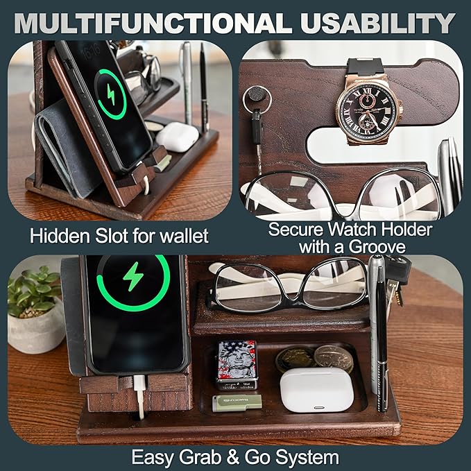 TESLYAR Wood Phone Docking Station for Men - Desk or Nightstand Organizer - Birthday Gifts for Husband Dad - Anniversary Idea from Wife - Key Holder Stand Wallet Watch &amp Essentials (Wenge)