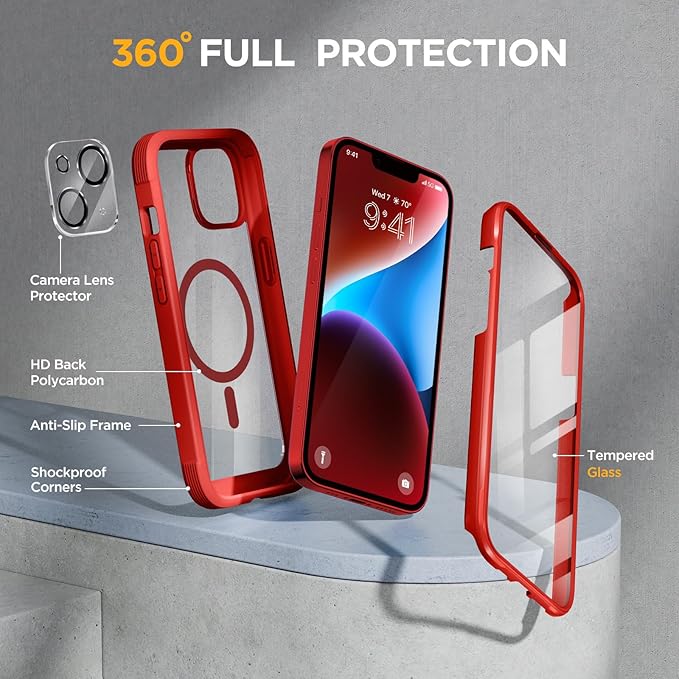 Miracase Glass Series Designed for iPhone 14 Plus Case 6.7 inch 2023 Upgrade Full-Body Magnetic Clear Case with Built-in 9H Tempered Glass Screen ProtectorCompatible with MagSafe Red
