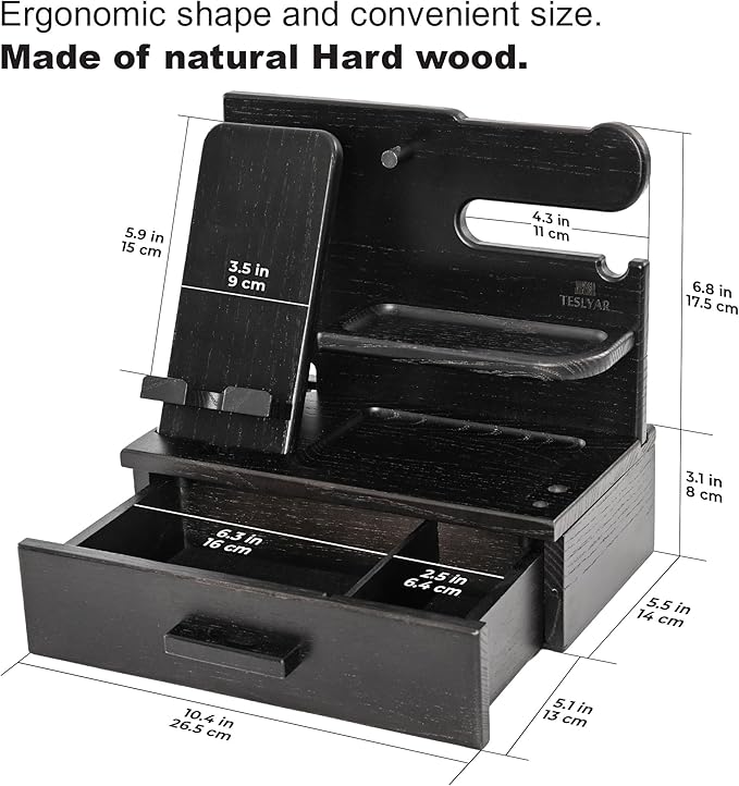 TESLYAR Wood Phone Docking Station with Drawer - Nightstand Organizer - Desk Organizer for Husband - Birthday Gifts for Men Dad Anniversary Idea Key Holder Stand Watch &amp Accessories (Fumed Blac