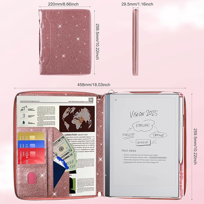 E NET-CASE Glittering PU Leather Case for Remarkable 2 Tablet 10.3 inch (2020 Released) Business Handheld Design Cover for Remarkable 2 Digital Paper with Zipper &amp Pen Holder (Starry Night Pink)