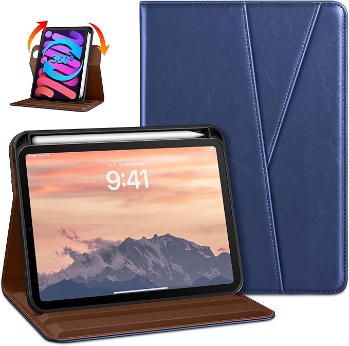 DTTO Rotating Case for iPad mini 7(A17 Pro) 2024 / iPad mini 6 2021 360 Degree Swiveling Premium Leather Folio Stand Cover with Pencil Holder for iPad mini 7th/6th Generation 8.3'' Navy Blue