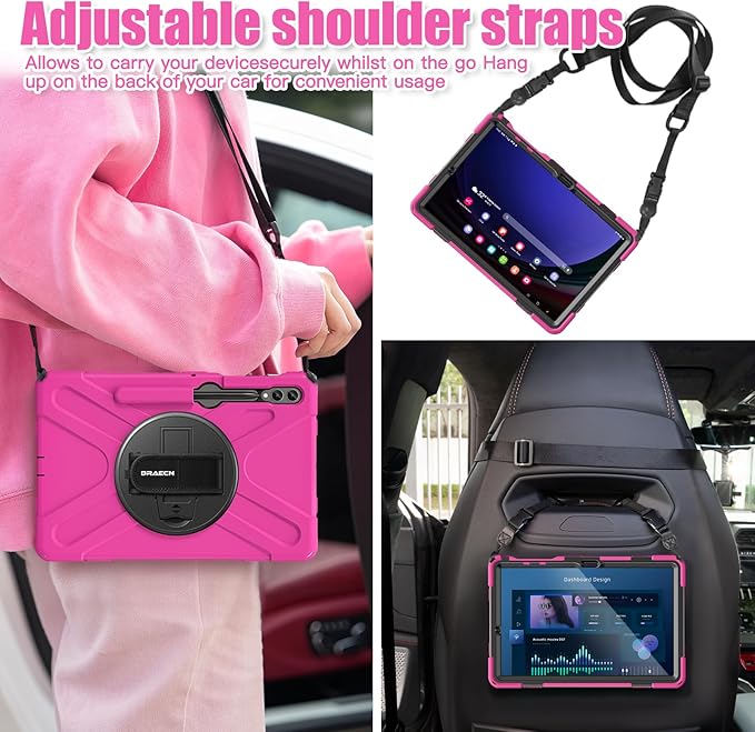 BRAECNstock for Samsung Galaxy Tab S10+ Plus/ S9 FE+ Plus/ S9+ Plus/ S8+ Plus/ S7 FE/ S7+ Plus 5G Tablet Case 12.4 Shockproof Protective Cover with Pen Holder Rotating Hand Strap &amp Stand - Rose R