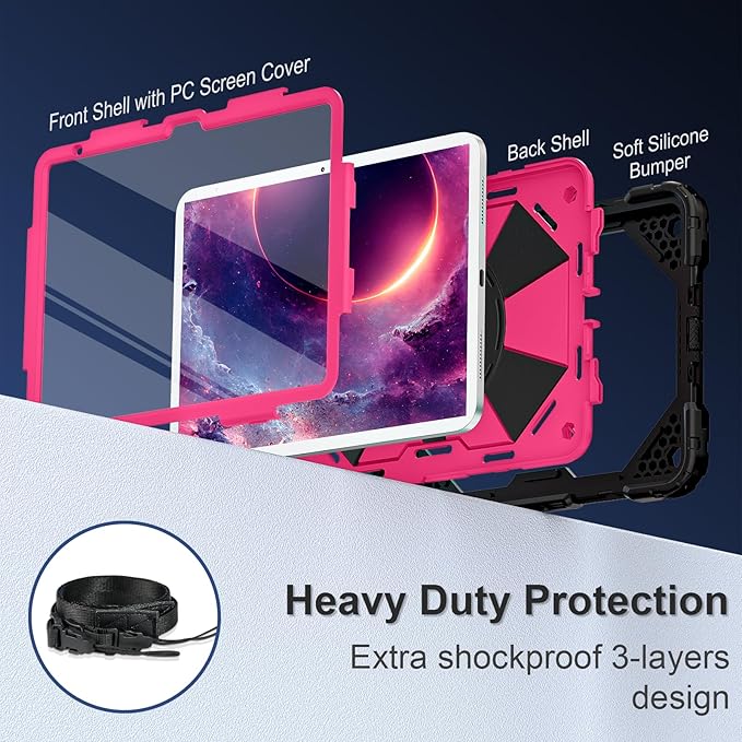 Case for iPad (A16) 11th Generation 11 Inch (2025) / iPad 10th Generation Case 10.9 Inch (2022) with 360° Rotating Stand Screen Protector Pen Holder Shoulder Strap Black Pink