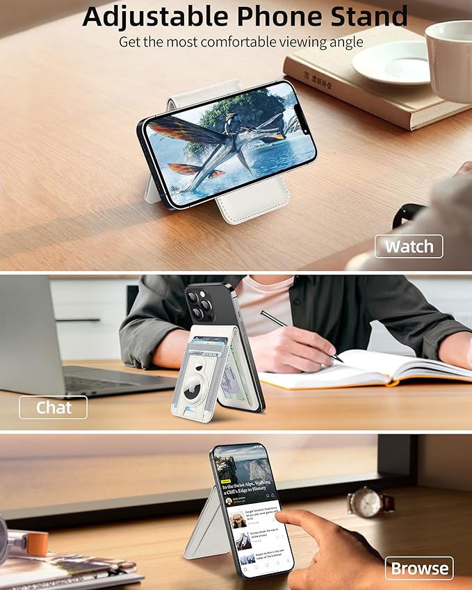 For Magsafe Wallet Stand with Airtag Holder Strongest Magnetic Wallet for iPhone 17/16/15/14/13/12 Series ID Window 4 Card Slots 10 Cards Holder Vegan Leather RFID Blocking Milk White