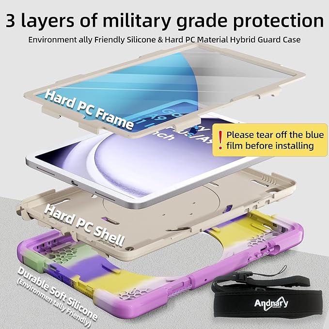 Case for Samsung Galaxy Tab A9+/A9 Plus Case 11 Inch with Screen Protector/360° Rotating Stand/Pen Holder/Shoulder Strap Shockproof Cover for Tablet A9+ 5g (Colorful Purple)