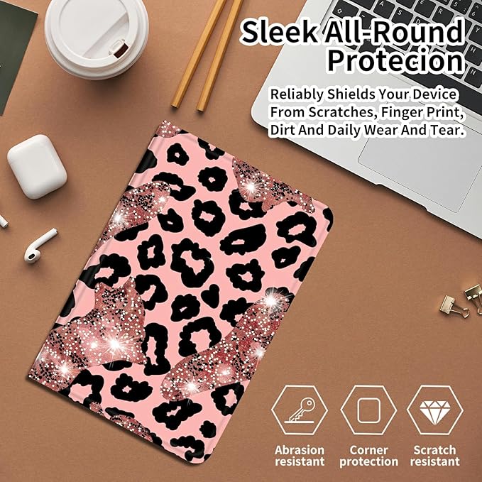 Case for Amazon Fire HD 10 and 10 Plus Tablet (13th/11th Generation 2023/2021 Release) 10.1 PU Leather Smart Protective Cover with Auto Sleep/Wake for Fire HD 10 2023Leopard with Pink Glitter