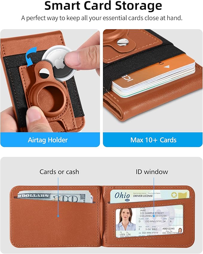 for Magsafe Wallet Stand with Airtag Holder Strongest Magnetic Wallet for iPhone 17/16/15/14/13/12 Series ID Window 4 Card Slots 10 Cards Holder Vegan Leather RFID Blocking Brown