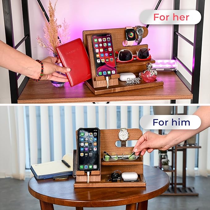 TESLYAR Wood Phone Docking Station for Men - Desktop or Nightstand Organizer - Birthday Gifts for Men Dad - Anniversary Idea from Wife - Key Holder Stand Wallet Watch &amp Essentials (Earth Beige)