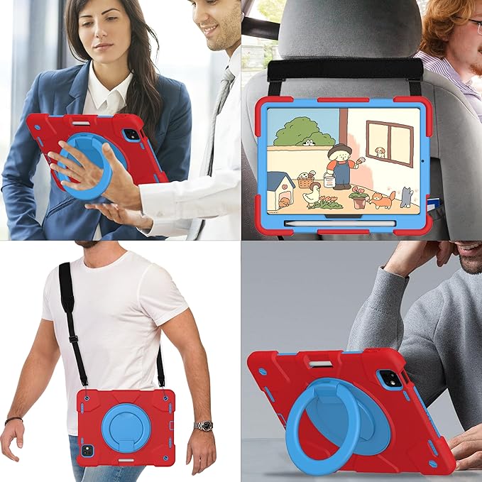 Case for iPad Pro 11 Inch M4 2024/M5 2025 Case Heavy Duty Shockproof Cover with Screen Protector/360° Rotate Stand/Shoulder Strap/Pencil Holde (Red+Blue iPad Pro M4/M5 11 inch)