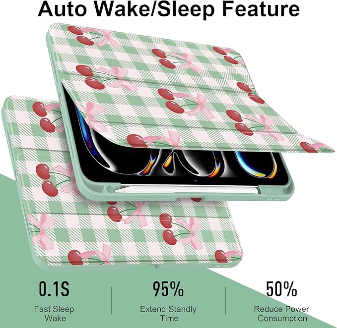 DONGKE for iPad Pro 11-Inch Case (M5 2025 / M4 2024) 6th/5th Generation [Auto Sleep/Wake &amp Pencil Pro Holder] Clear Acrylic Back Smart Trifold Stand Cover Green Cherry