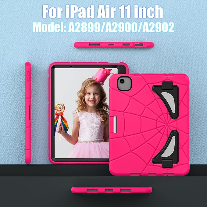 Compatible with Apple iPad Air 11(2024) 11 inch Tablet CaseLightweight Shockproof Rugged Protective Cover with Kickstand for Kids Children Boys Babies Strawberry Black