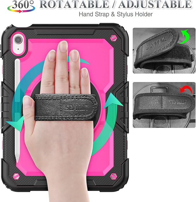 SEYMAC stock Case for iPad (A16) 11th/10th Generation 11''/10.9'' 2025/2022 Full-Body Drop Protection Case with Screen Protector &amp360° Rotate Hand Strap/Stand Pink+Black