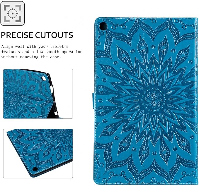 Folio Case for Fire HD 10 (9th/7th/5th Generation 2019/2017/2015 Release) Techcircle Sunflower Embossed Stand Protective Cover with Card/Cash Holder for Amazon Fire HD 10.1 Inch Tablet Blue