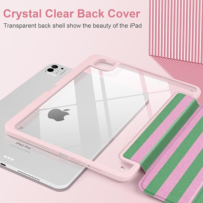 DONGKE for iPad Pro 11-Inch Case (M5 2025 / M4 2024) 6th/5th Generation [Auto Sleep/Wake &amp Pencil Pro Holder] Clear Acrylic Back Smart Trifold Stand Cover Green Stripes