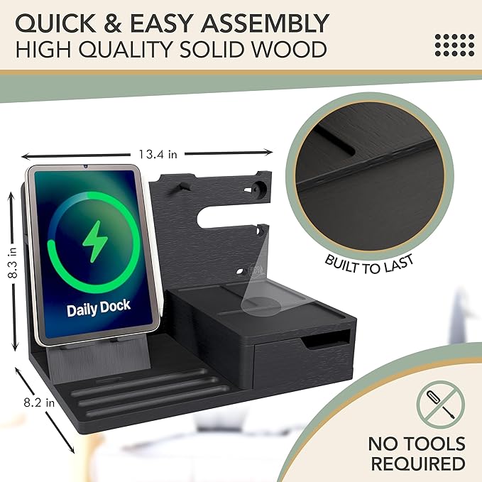 Nightstand Organizer- Bedside Docking Station for Men- Unique Gifts for Husband Father or Dad from Wife Son or Daughter- Desk Organizer for Phone Watches Wallet &amp Accessories (Black)