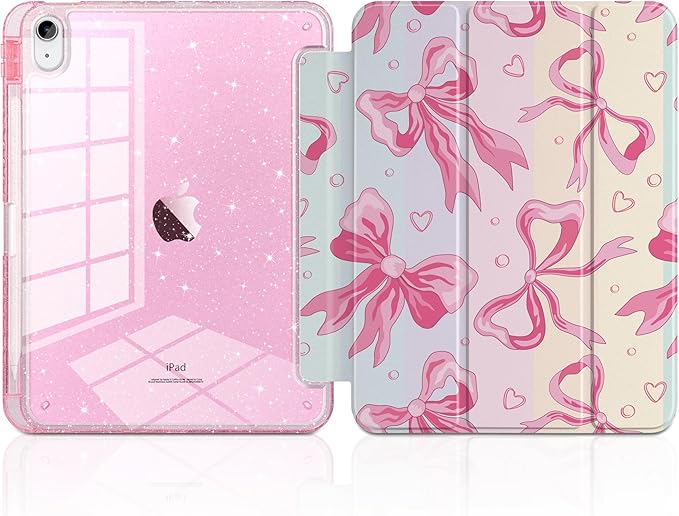 MEEgoodo Case for iPad A16 11th Generation 2025/10th Generation 2022 Glitter Tablet Cases with Transparent Acrylic Back+Trifold Stand +Pencil Holder+Auto Wake/SleepPink Bow &amp Rainbow Striped