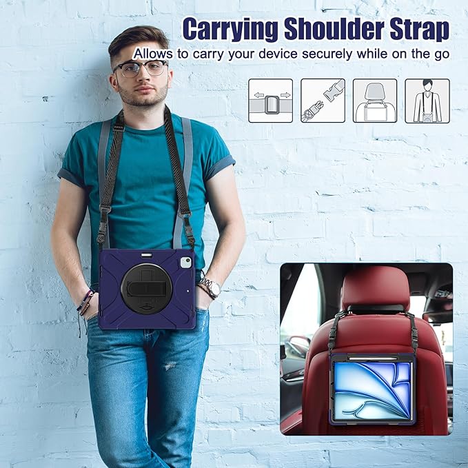 for iPad Air 13-inch M2 (2024) A2898/A2899 for iPad Pro 12.9 Rugged Case Portable Heavy Duty Shock-Proof Armor Cover with Swivel Kickstand/Hand Grip Shoulder Strap Pencil Holder (Navy)