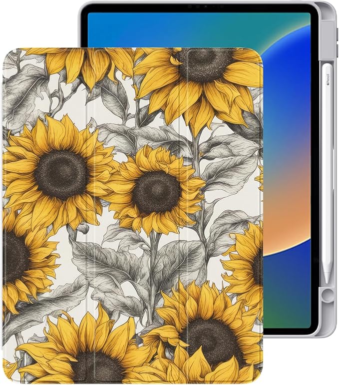 Cute Sunflower foriPad Pro 11 Inch Case 2024 with Pencil Holder Foldable Grey Leather Cover Case Support Auto Sleep Wake