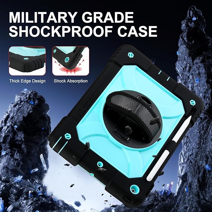 for iPad 9th/8th/7th Generation CaseiPad 10.2 Case 2021/2020/2019 with Cute Key Chain Rugged Protective Case with 360°Rotating Stand &amp Shoulder Hand Strap &amp Pen Slot for 10.2 Inch (Black+Aq