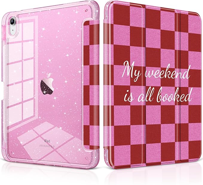 DONGKE for iPad Pro 11 inch Case – Fits M5 2025 / M4 2024 Shockproof Sparkling Glitter Acrylic Back Pencil Holder Trifold Stand Auto Sleep/Wake &amp Touch ID Support - Red Checkerboard