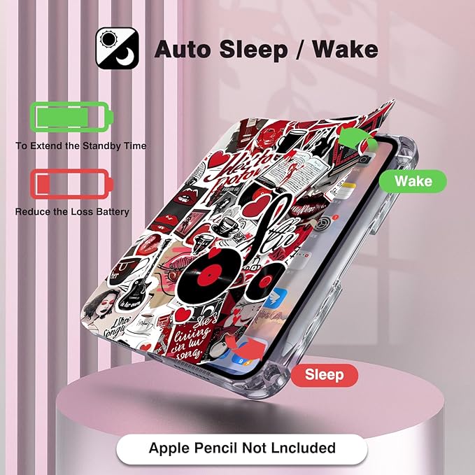 Y2K Tablet Case for iPad Mini 6/7 (8.3 2021/2024) – Hot Pink Retro Sticker Print Cover with Pencil Holder Vinyl Lip Design Tri-Fold Stand Auto Sleep/Wake ipad mini cute case for Girls