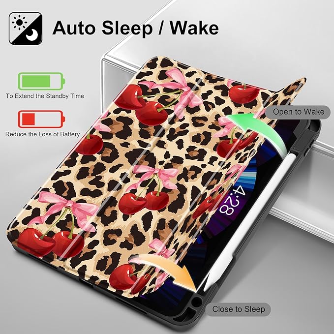May Chen Case for iPad Pro 11 inch (4th 3rd 2nd &amp 1st Gen) 2022 2021 2020 2018 Trifold Stand + Pencil Holder + Auto Wake/Sleep + Soft TPU Protective Stand Back Cover Cherry &amp Cheetah