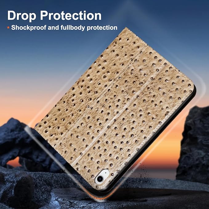Gexmil Leather Case for iPad (A16) 11th Generation 11 Inch 2025 iPad 10th Generation 10.9 Inch 2022Protective Top Grain Leather Cover Support Auto Sleep/WakeAnti SlipKhaki Ostrich Grain