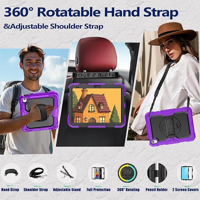 Weuiean Case for iPad A16 11th/10th Generation 11/10.9 Military-Grade Heavy-Duty Shockproof Cover with 360° Rotating Stand Built-in Pencil Holder &amp Adjustable Hand/Shoulder Strap - Purple+Blac