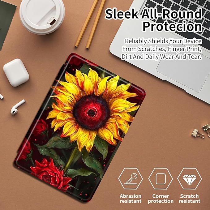 Case for Samsung Galaxy Tab S9 Plus/X810/X816B/X818U/S9 FE Plus 12.4inch Sunflowers Theme 360 Degree Rotating Stand Smart Protective Cover for Samsung S9 Plus Tablet