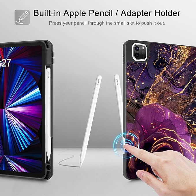 May Chen Case for iPad Pro 11 inch (4th 3rd 2nd &amp 1st Gen) 2022 2021 2020 2018 Trifold Stand + Pencil Holder + Auto Wake/Sleep + Soft TPU Protective Stand Back Cover Purple Roses