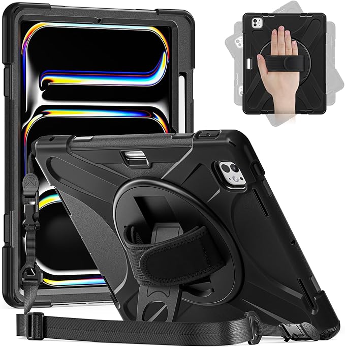ZenRich iPad Pro 13 Inch Case M4 2024 Heavy Duty Rugged Case for A2925 A2926 A3007 with 360°Rotating Kickstand/Handle/Pencil Holder/Shoulder Strap Black