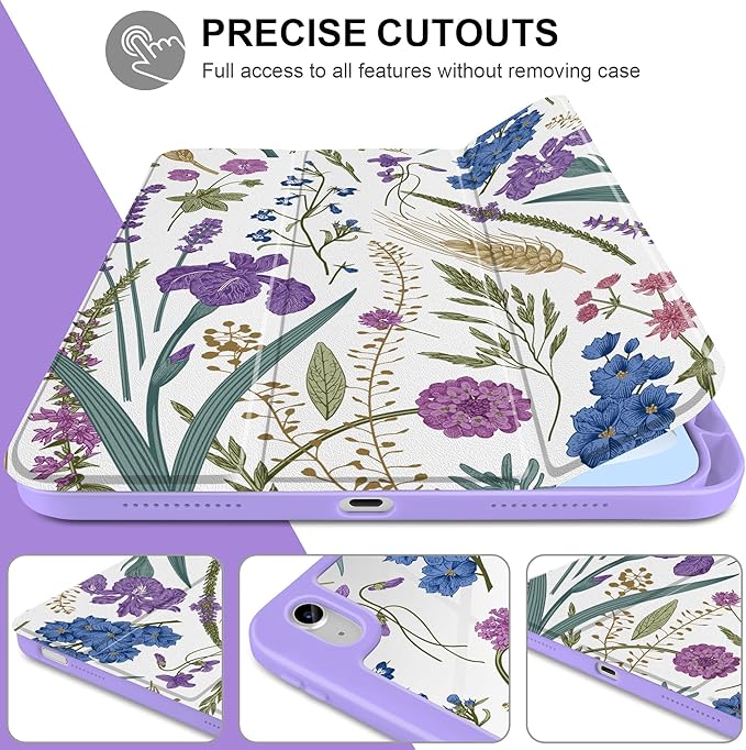 DONGKE Case for iPad (A16) 11th Generation 11 inch 2025 &amp iPad 10th Gen 10.9 inch 2022 [Built-in Pencil Holder] Clear Acrylic Back Trifold Stand Smart Cover Auto Sleep/Wake Purple Wildflower