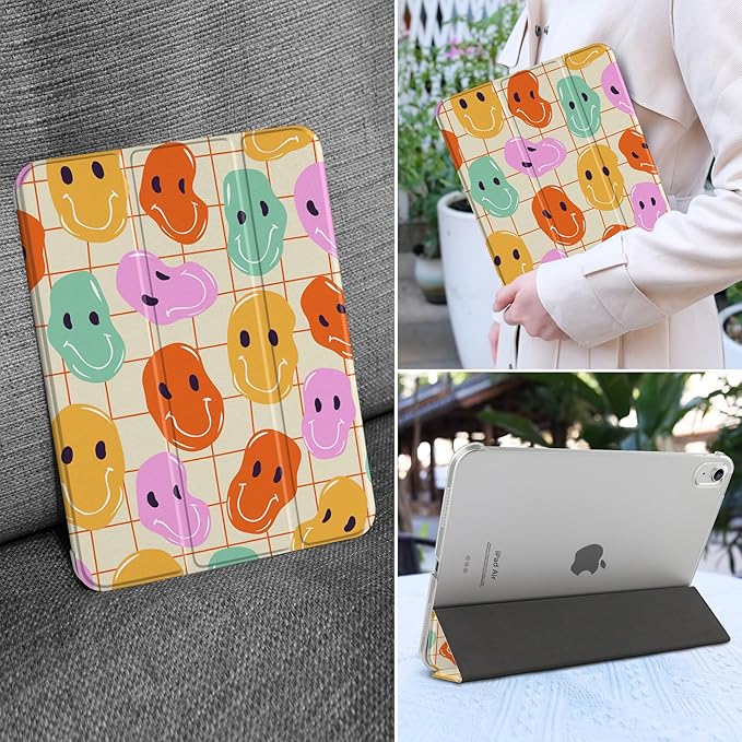 MEEgoodo for M4/M3/M2 iPad Air 11 inch Case 2026 2025 2024Case for iPad Air 5th/4th Generation 10.9 inch 2022 2020 Tablet Cover with Silk Texture &amp PC Clear Back Cover Distoted Smiling Faces