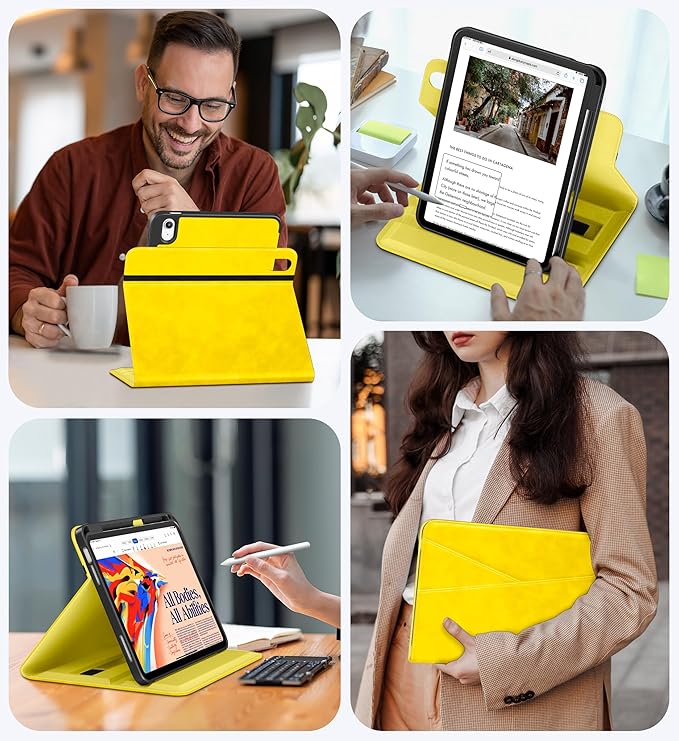 DTTO for iPad A16 Case iPad 11th / 10th Generation Case (2025/2022) 360 Degree Rotating Premium Leather Folio Stand Cover with Pencil Holder Yellow