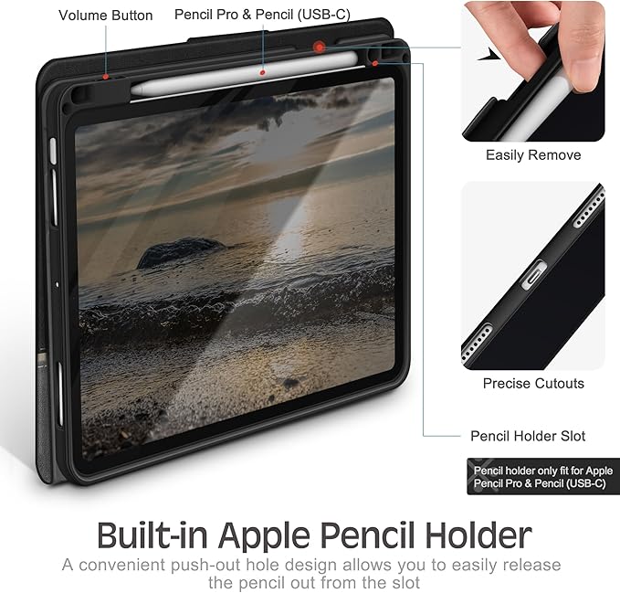 KingBlanc for iPad Air 11-inch Case M4 2026/M3 2025/M2 2024 iPad Air 5th/4th Generation (2022/2020 10.9) with Pencil Holder Vegan Leather Stand Cover Auto Sleep Wake Viewing/Typing Angle Black