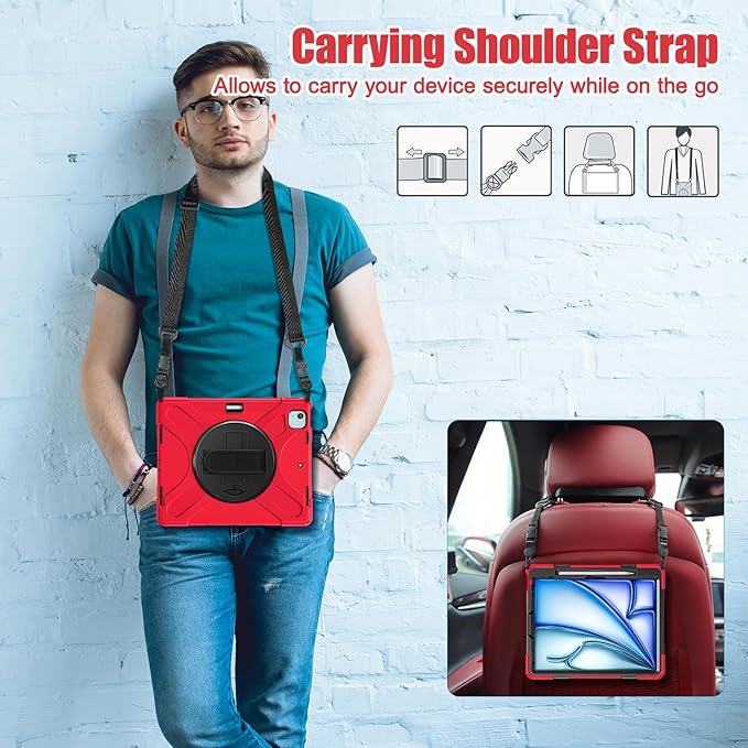 for iPad Air 13-inch M2 (2024) A2898/A2899 for iPad Pro 12.9 Rugged Case Portable Heavy Duty Shock-Proof Armor Cover with Swivel Kickstand/Hand Grip Shoulder Strap Pencil Holder (Red)