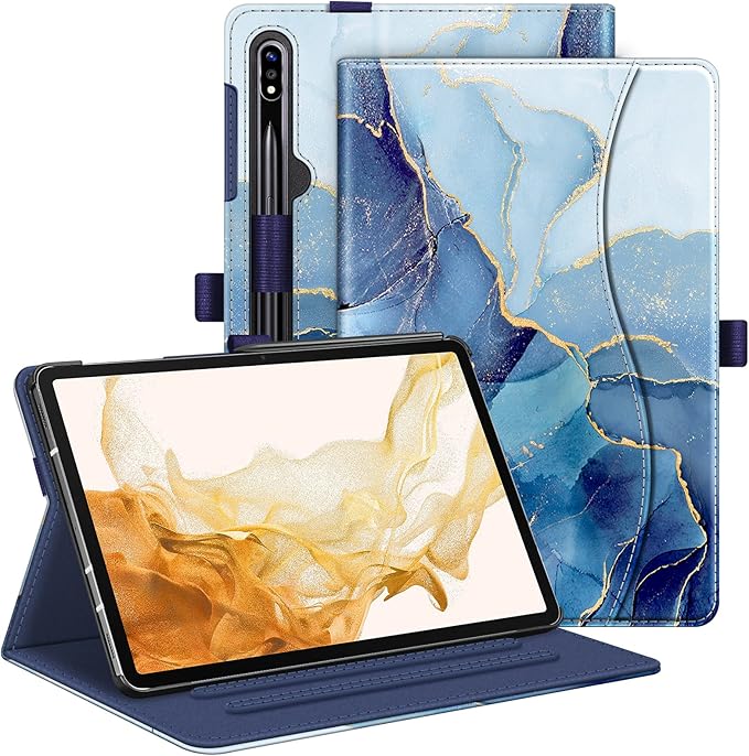 Fintie Case for Samsung Galaxy Tab S10+/ S9+/ S8+/ S7 FE/ S7+ 12.4 Inch Multi-Angle Viewing Protective Cover with Pocket Auto Sleep/Wake Ocean Marble