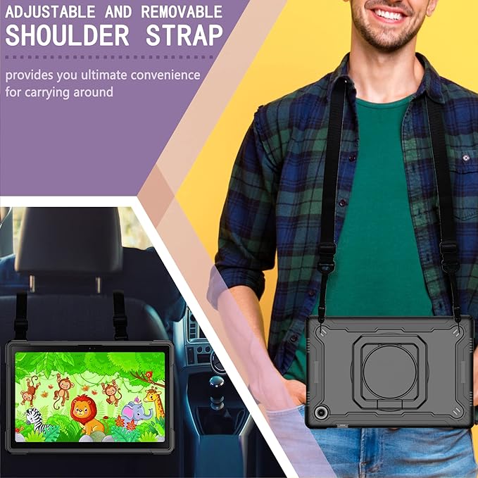 Dteck for Samsung Galaxy Tab A8 (SM-X200/X205) Tablet Case 10.5 2022 Release Shockproof Sturdy Rugged Case for Kids with Rotate Handle and Kickstand Protective Cute Cover with Shoulder Strap Black