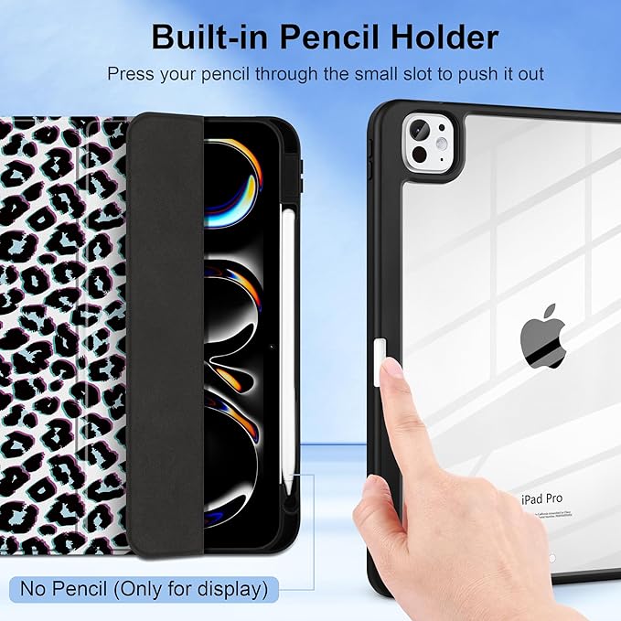 TWOLSKOO Case for iPad Pro 11-inch (M5 2025 / M4 2024) Clear Acrylic Back with TPU Bumper Pencil Holder Trifold Stand Auto Sleep/Wake Black Leopard