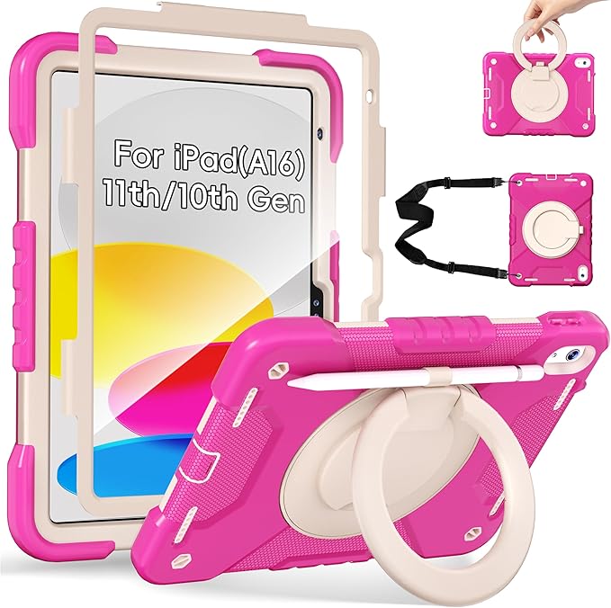 Case for iPad (A16) 11th Generation 11 inch 2025/10th Generation 10.9 inch 2022 Shockproof Cover with Screen Protector/360° Rotate Handle/Bracket/Pen Holder/Shoulder Strap (Rose Red+White)