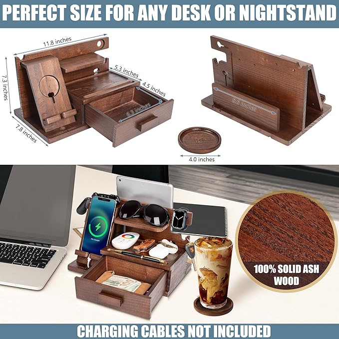 Wood Phone Docking Station with Drawer Compatible with Apple Watch - Wood Charging Station Organizer Stand Bedside Nightstand Organizer for Men Holds Phone Tablet Keys Glasses EDC